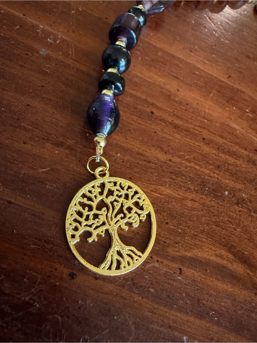 Gold Tree of Life Beaded Keychain with Purple and Black Glass Beads